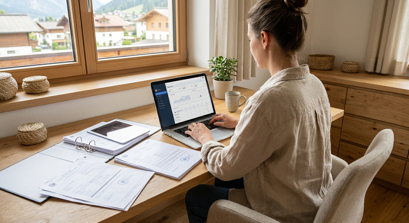 A bright home-office setup inside a vacation rental shows a property owner managing multiple short-term rental listings on a 