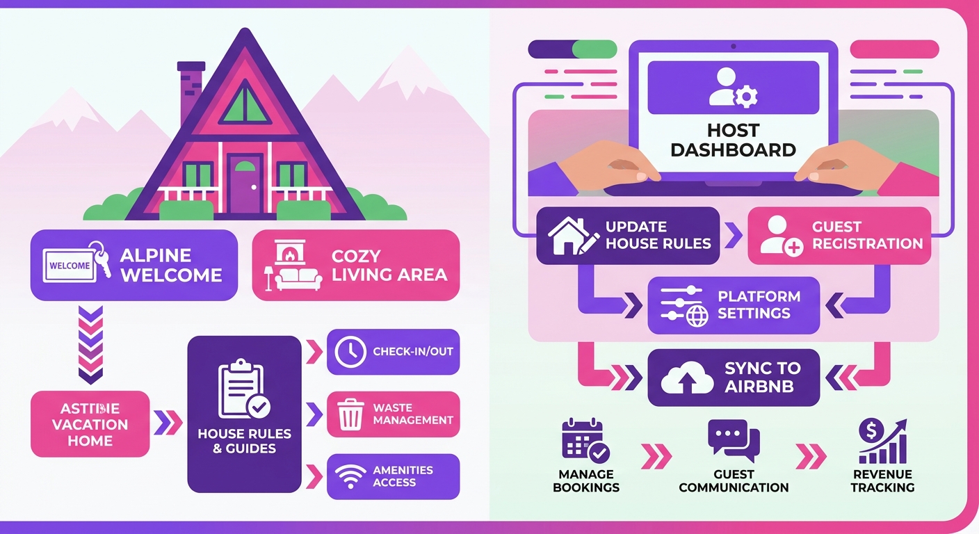 A tidy alpine-style vacation home entryway or living area is paired with a close-up of a host using a laptop to update house 