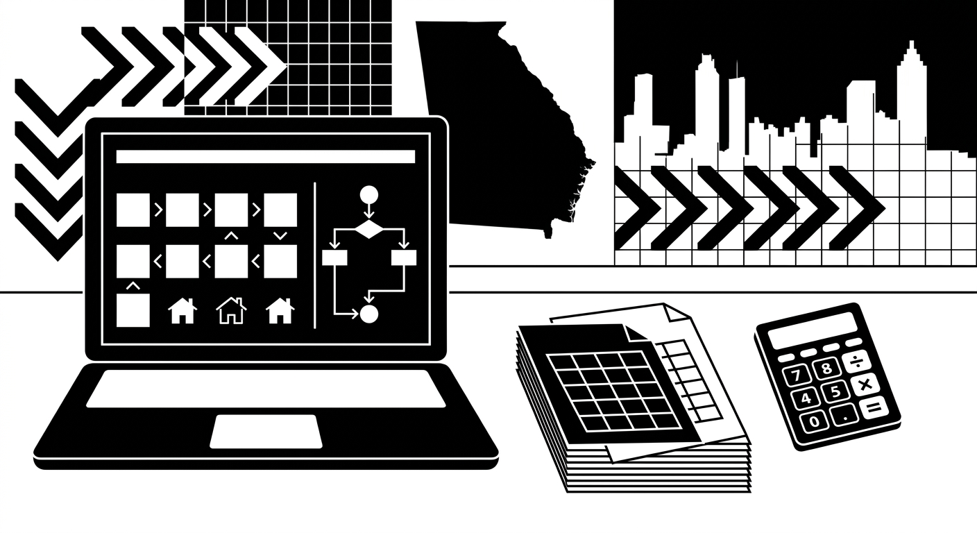 A professional desk scene featuring a laptop displaying a short-term rental booking calendar, tax documents, and a calculator