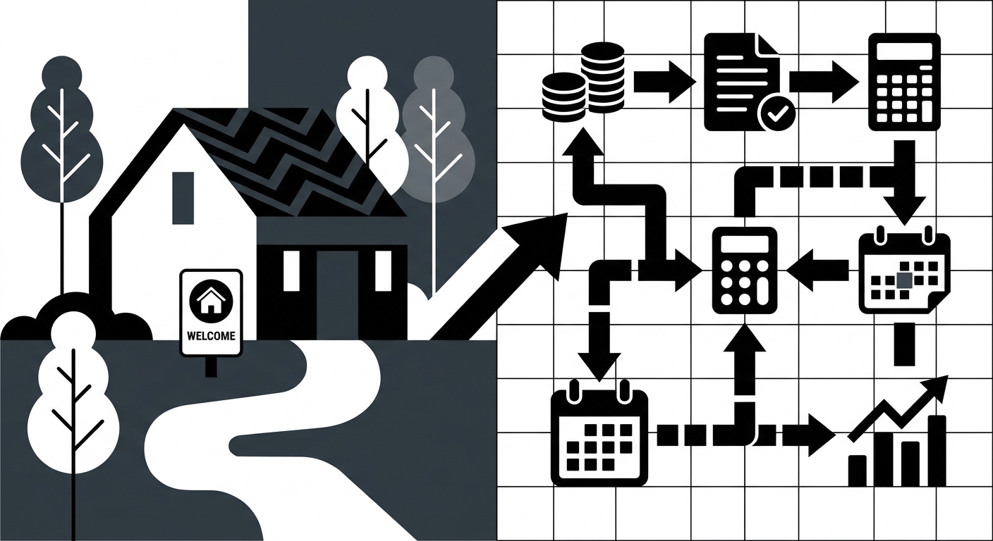 A polished exterior shot of a stylish short-term rental property in Georgia with a small welcome sign, paired with an overlay