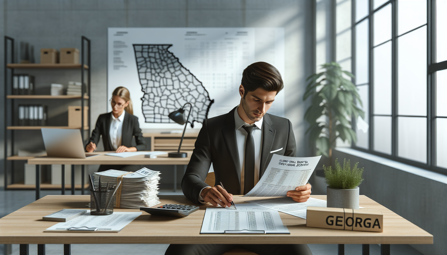 A clean office setting with a real estate host or accountant reviewing short-term rental income reports, receipts, and tax pa