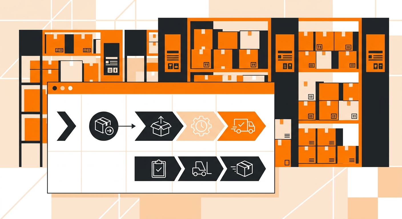 A clean warehouse operations scene showing labeled shelves, packed boxes, and a digital dashboard overlay that highlights key