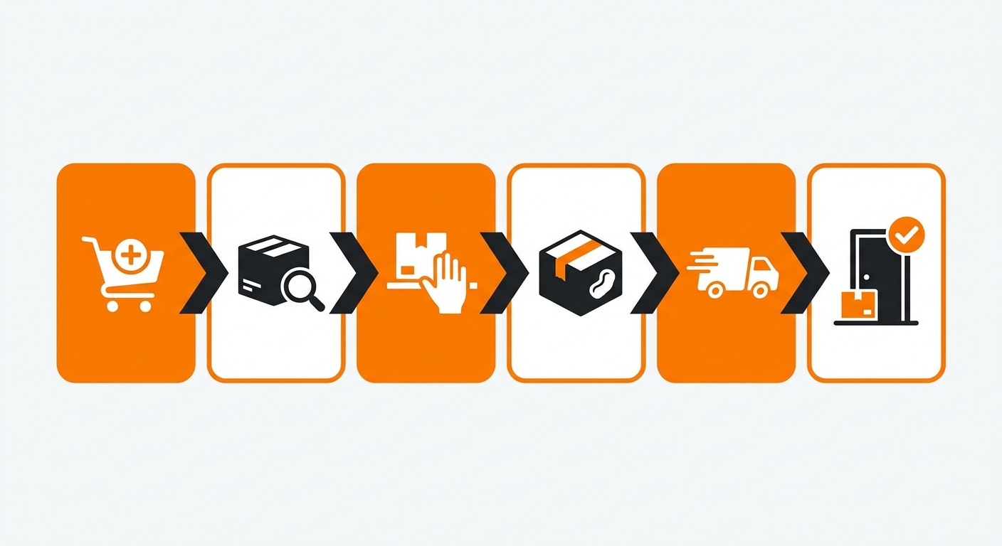 A minimalist workflow illustration featuring connected icons for order placement, inventory verification, picking, packing, s
