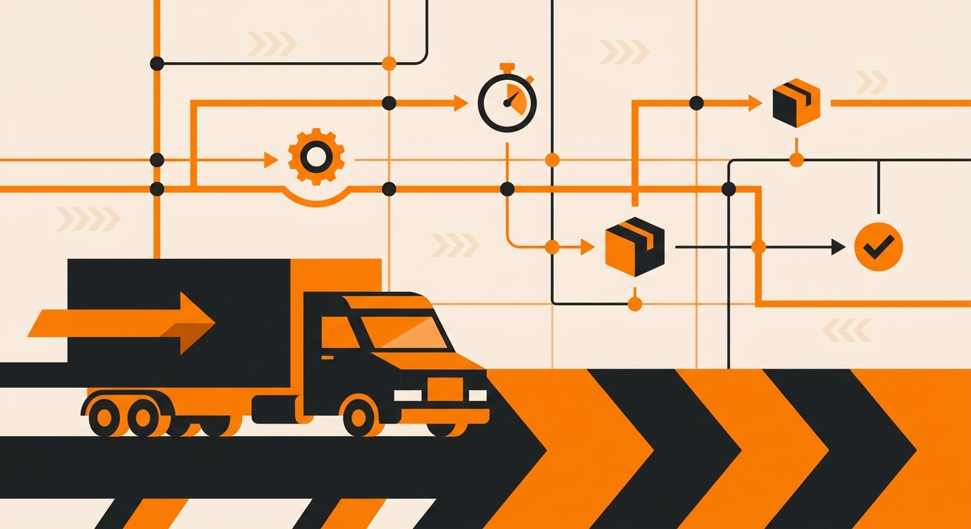 A delivery truck traveling along a highway with subtle map route graphics overlaid in the background, representing a package