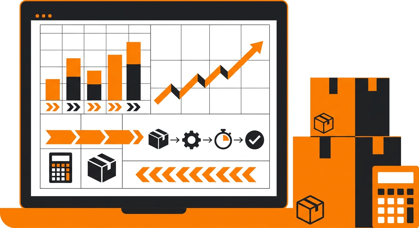 A clean workspace scene showing a fulfillment dashboard on a laptop with charts tracking monthly order counts, alongside neat