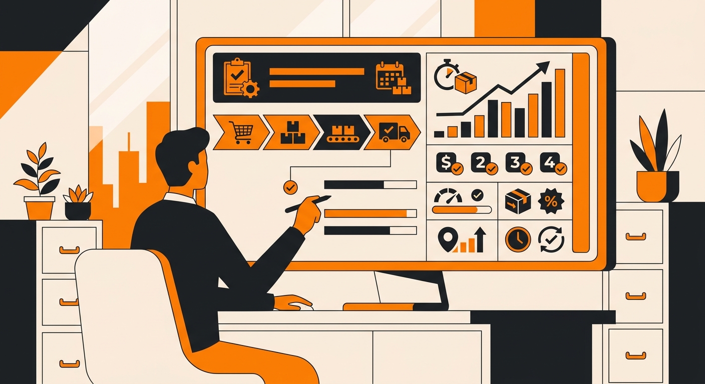 A modern office or ecommerce operations scene with a team member analyzing a report labeled monthly order volume, with graphs