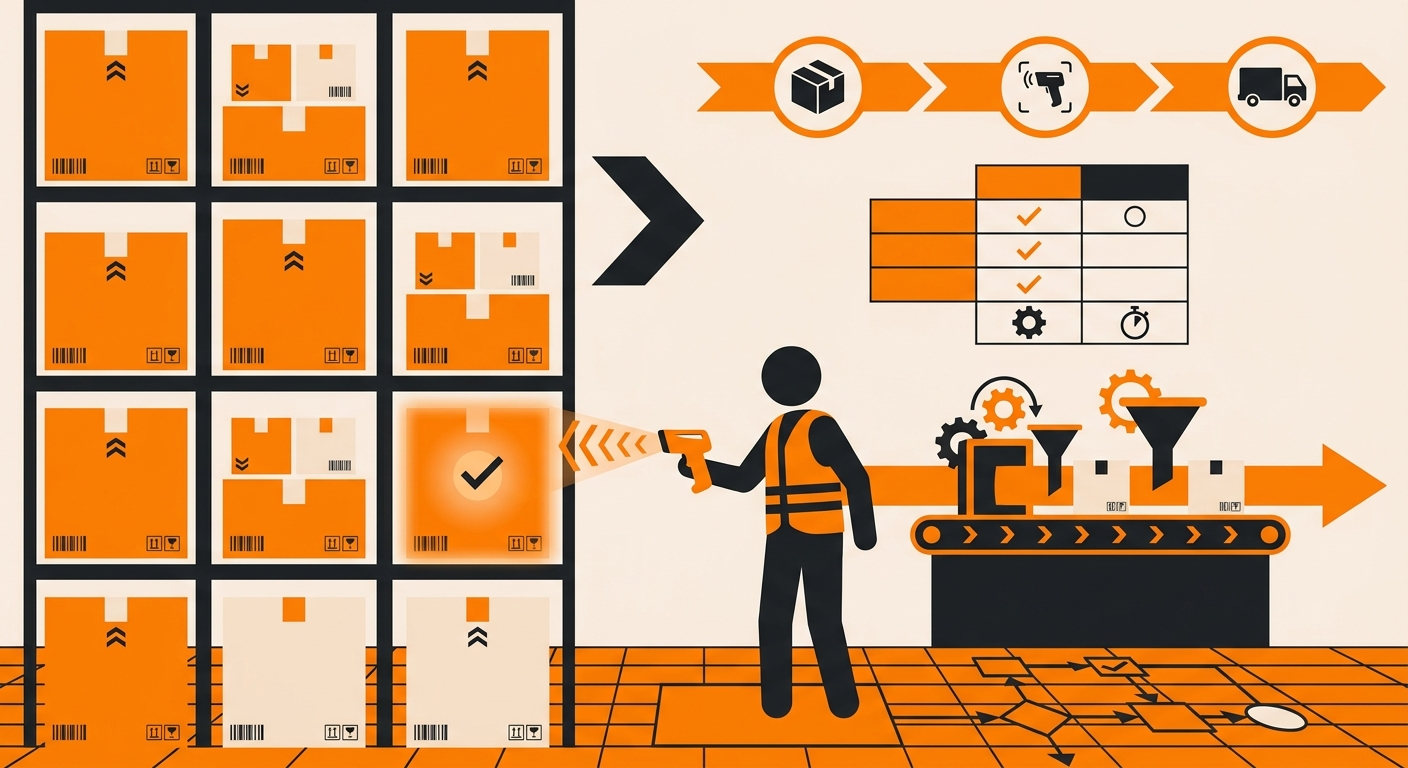 A clean, modern warehouse fulfillment scene with neatly organized shelves, labeled packages, and a staff member using a handh