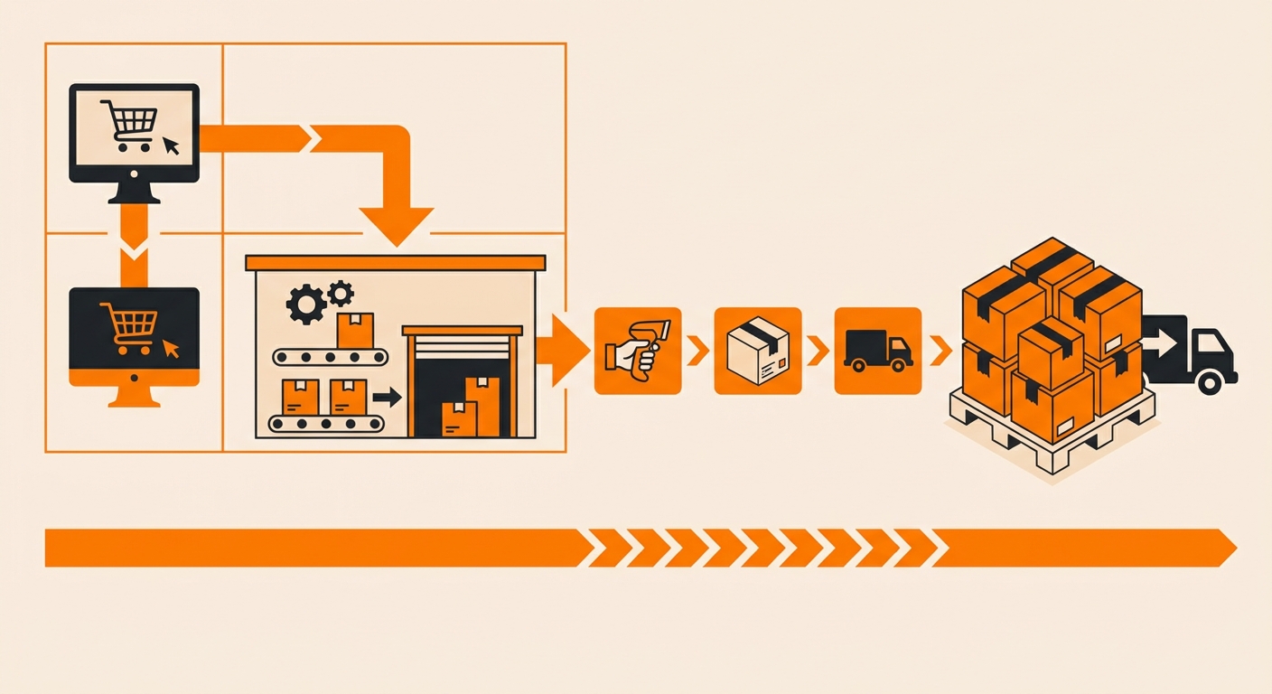 A professional retail supply chain concept image featuring a fulfillment center, outbound packages, and a subtle connection t
