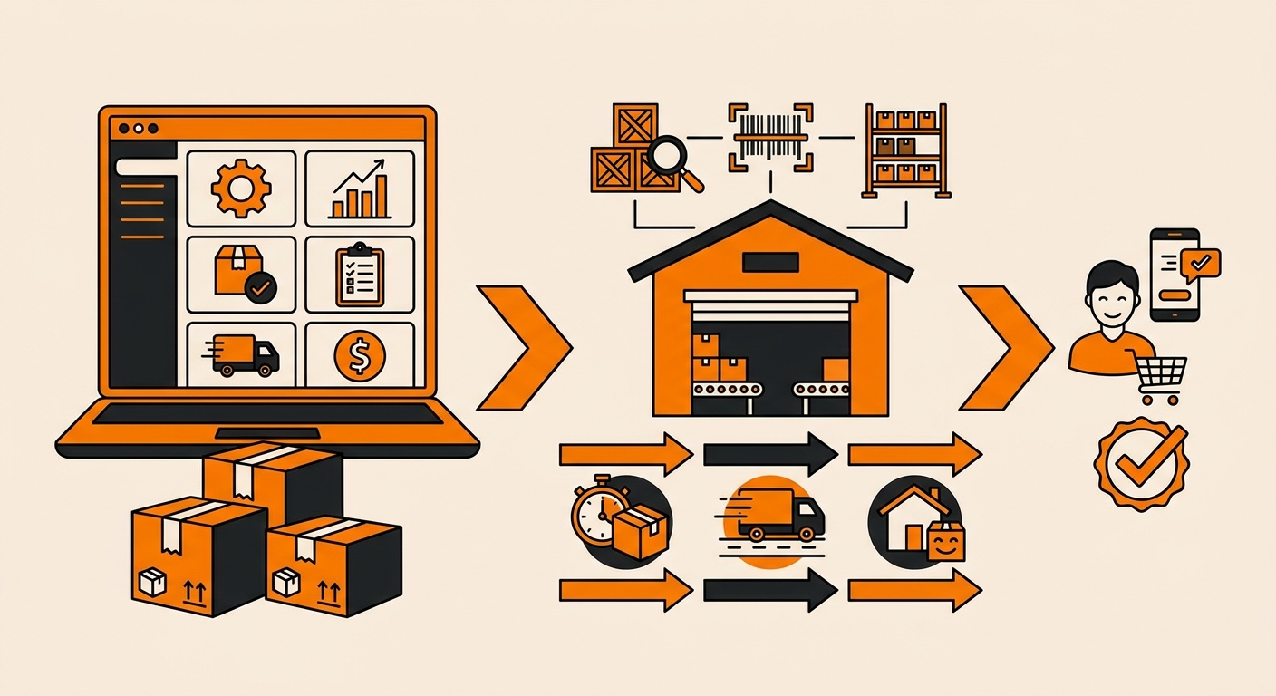 A polished e-commerce logistics illustration showing a seller dashboard on a laptop alongside shipping boxes, inventory icons