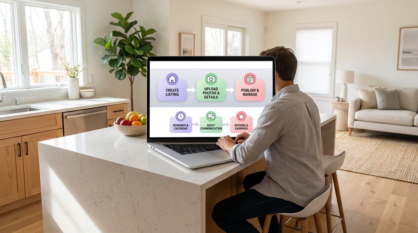 A wide, clean image of a well-styled vacation rental home being prepared for its online listing, with a host reviewing photos