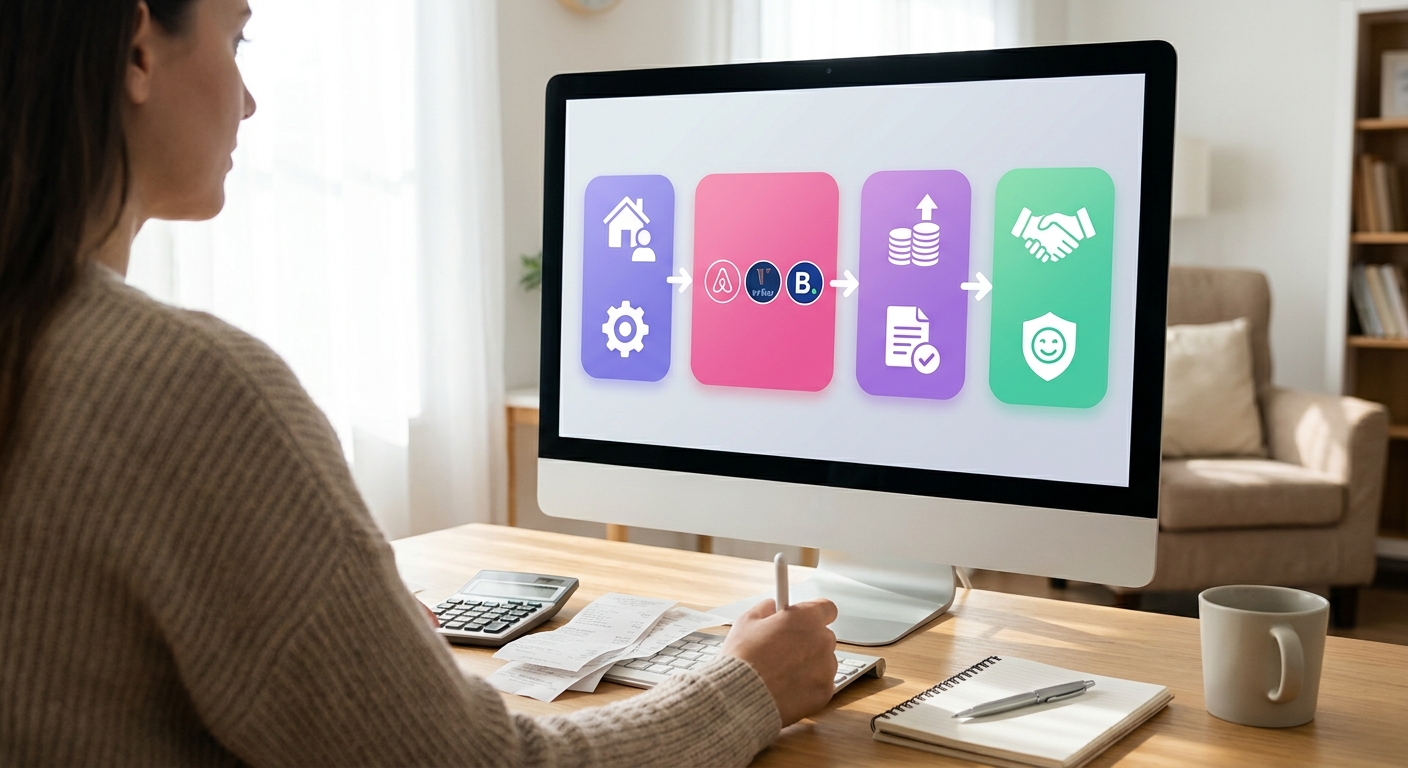 A bright home-office setup inside a vacation rental shows a property owner analyzing a dashboard with Airbnb, VRBO, and Booki