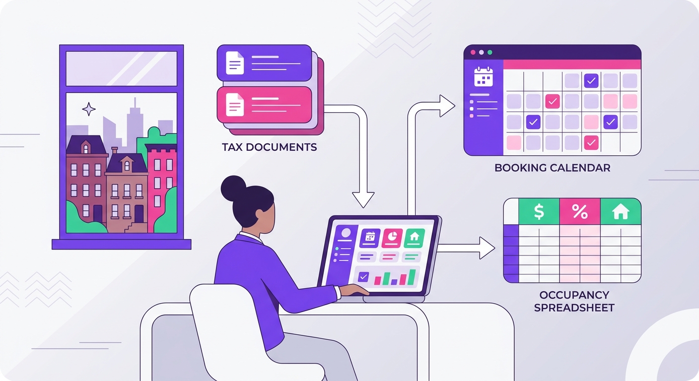 A professional short-term rental host sits at a laptop in a stylish New York apartment, reviewing tax documents alongside an 