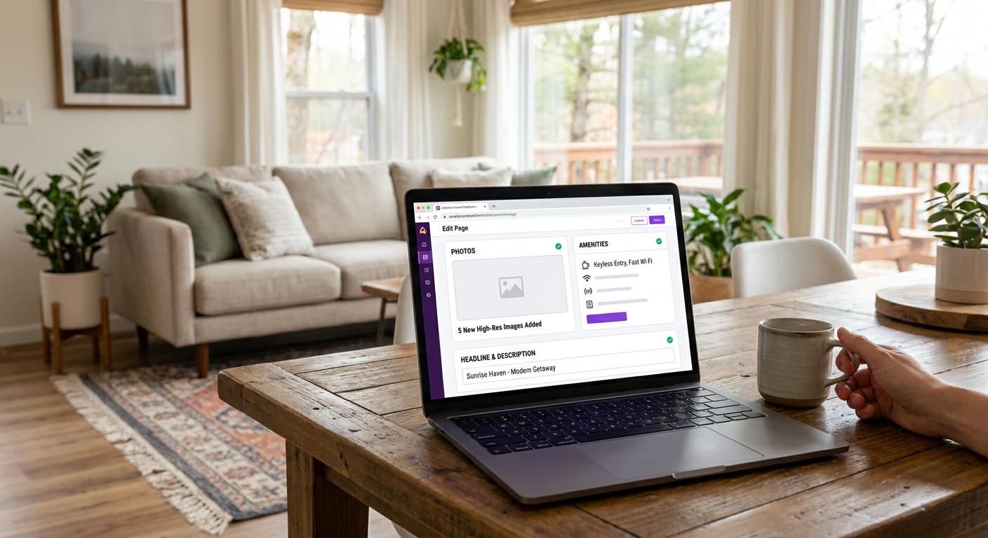 A well-staged vacation home living area is paired with a laptop on a dining table displaying an Airbnb listing edit page, hig