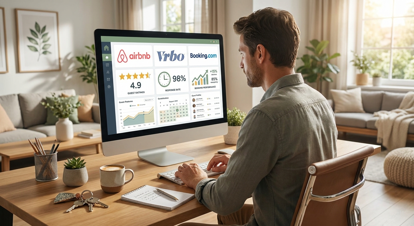 A polished home-office style image shows a property owner analyzing a short-term rental dashboard with Airbnb, VRBO, and Book