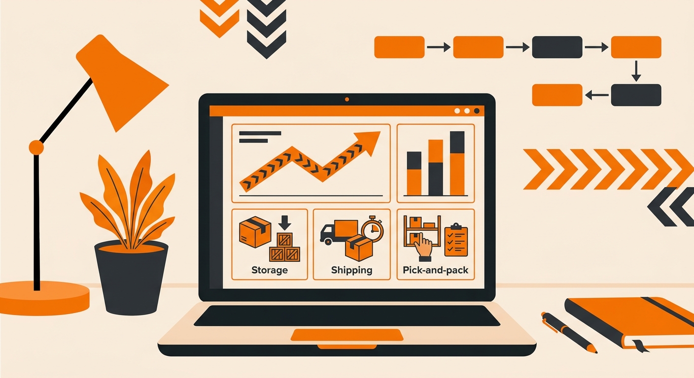 A clean workspace scene featuring a laptop displaying a monthly fulfillment cost dashboard with line charts, bar graphs, and