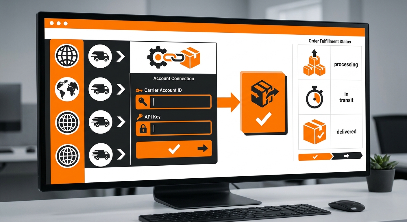 A close-up of a logistics dashboard on a computer screen with shipping carrier integrations, account connection fields, and o