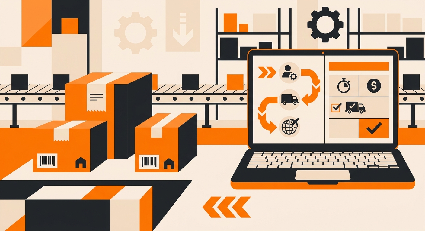 A clean warehouse fulfillment scene showing labeled packages on a packing station beside a laptop displaying shipping options