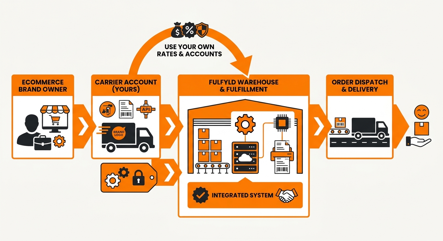 Diagram showing an eCommerce brand's negotiated carrier account credentials flowing into a 3PL warehouse management system, with labels generated under the brand's account number and tracking data returned to the brand's order management system