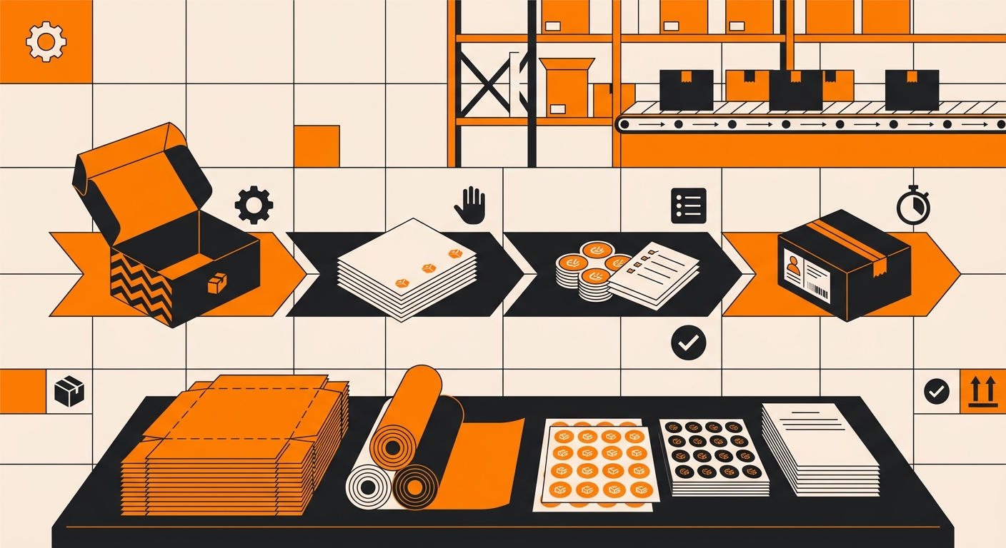 A clean workspace scene showing neatly arranged branded mailer boxes, custom tissue paper, logo stickers, and packing inserts