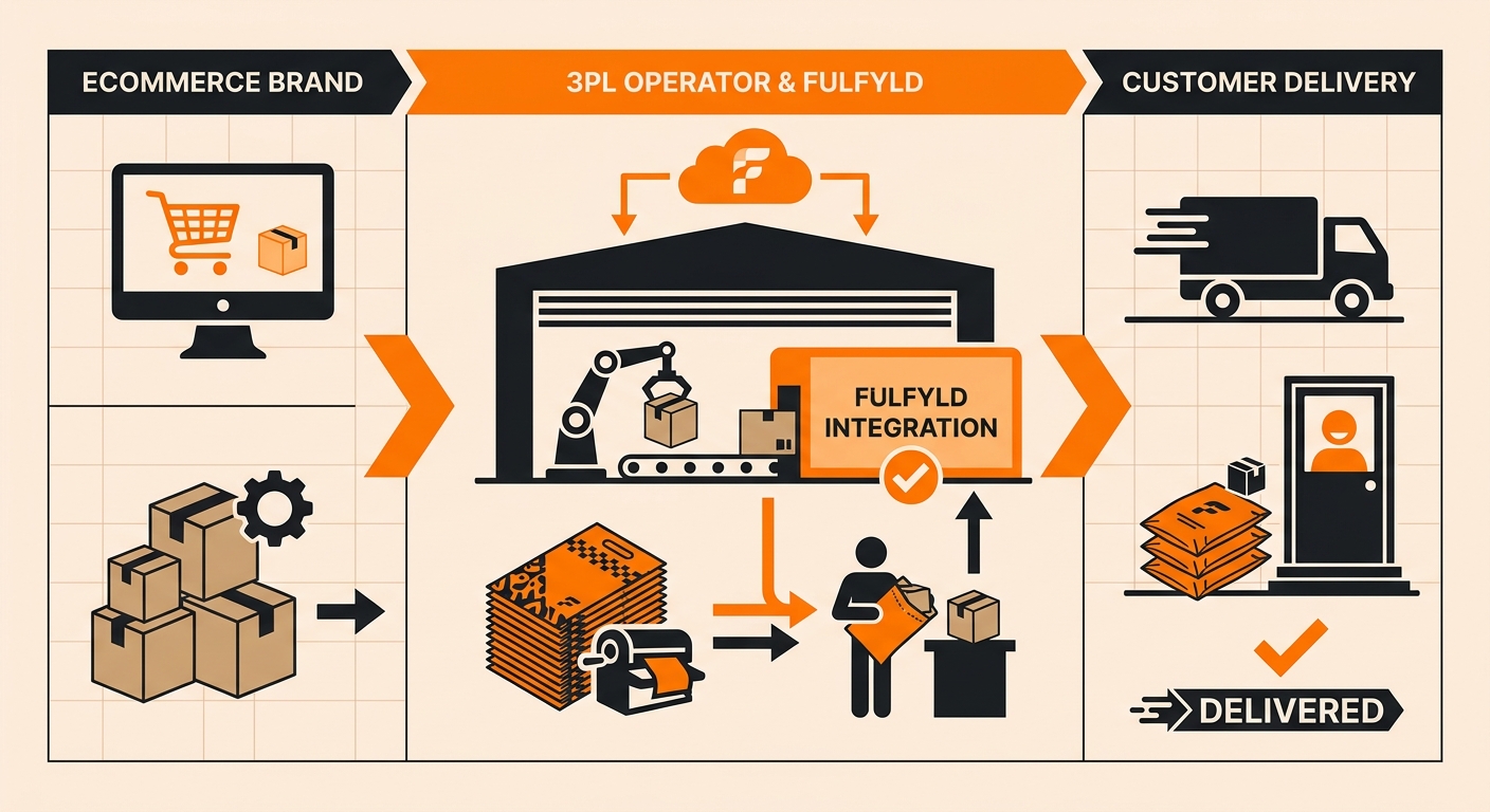 Infographic showing the branded mailer setup workflow at a 3PL: brand submits artwork and specs, Fulfyld receives and logs packaging as a distinct WMS SKU, pick-and-pack team pulls the correct mailer at the packing station, and WMS tracks consumption with low-stock reorder alerts