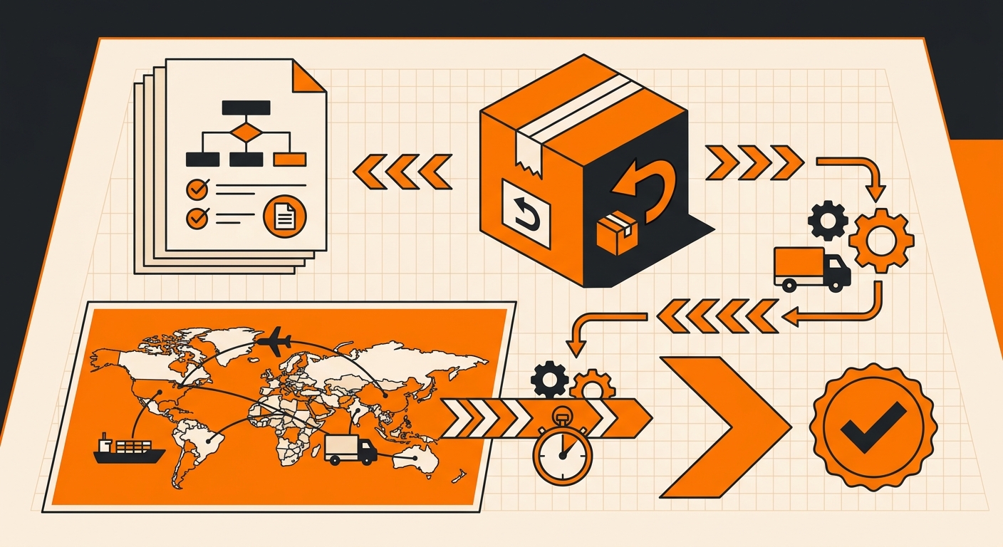 A professional flat lay of ecommerce return documents, a packaged product, and a world map or global shipping graphic on a de