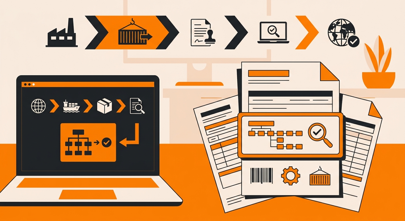A clean workspace scene showing import/export documents, a laptop with a tariff classification interface, and a highlighted H