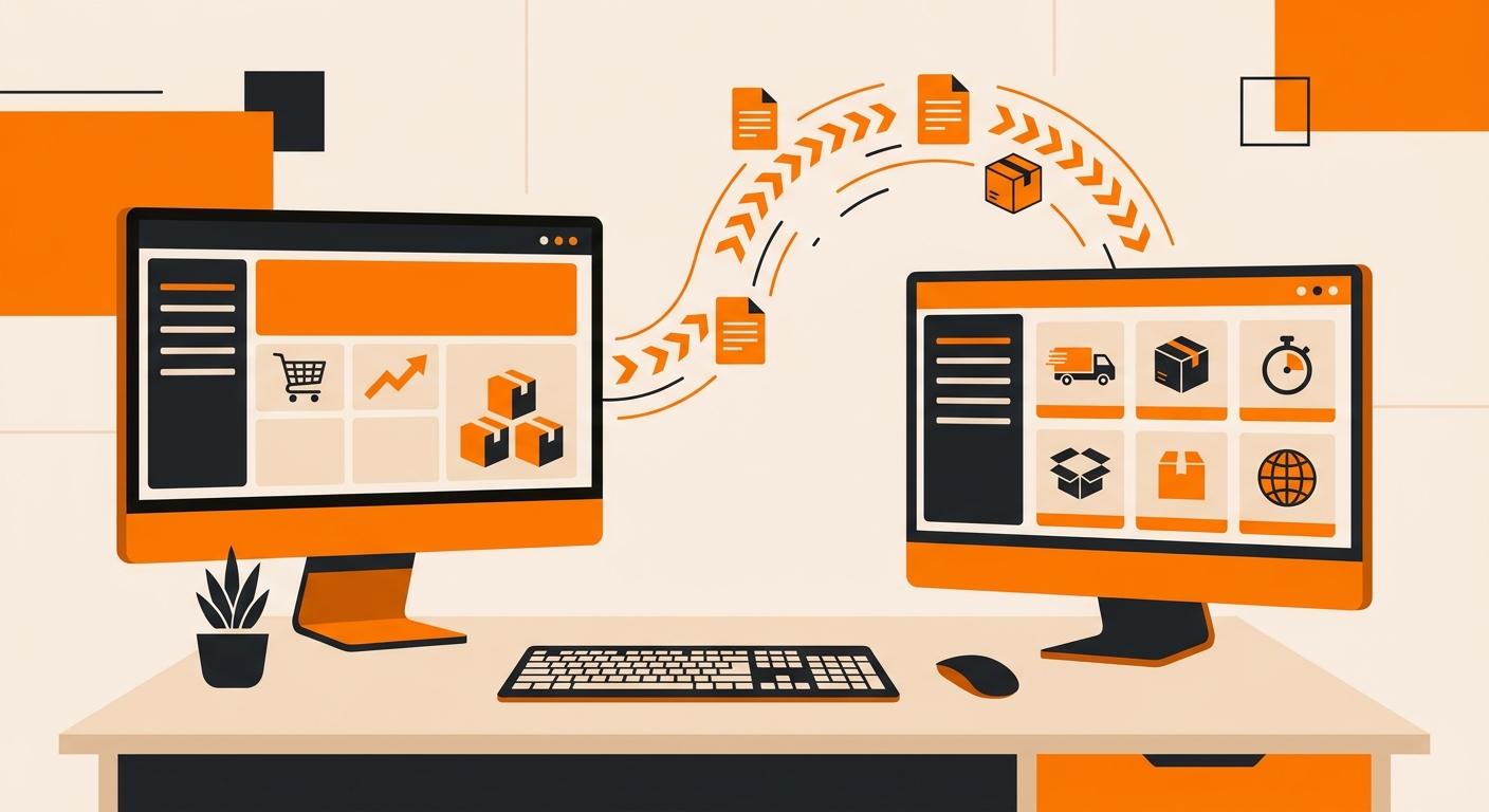 A clean workspace scene showing an Etsy storefront dashboard on one screen and a fulfillment platform interface on another, c