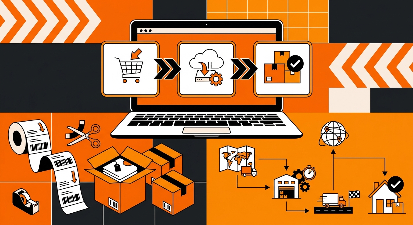 A polished flat-lay illustration featuring shipping boxes, order labels, and a laptop displaying synchronized Etsy orders mov