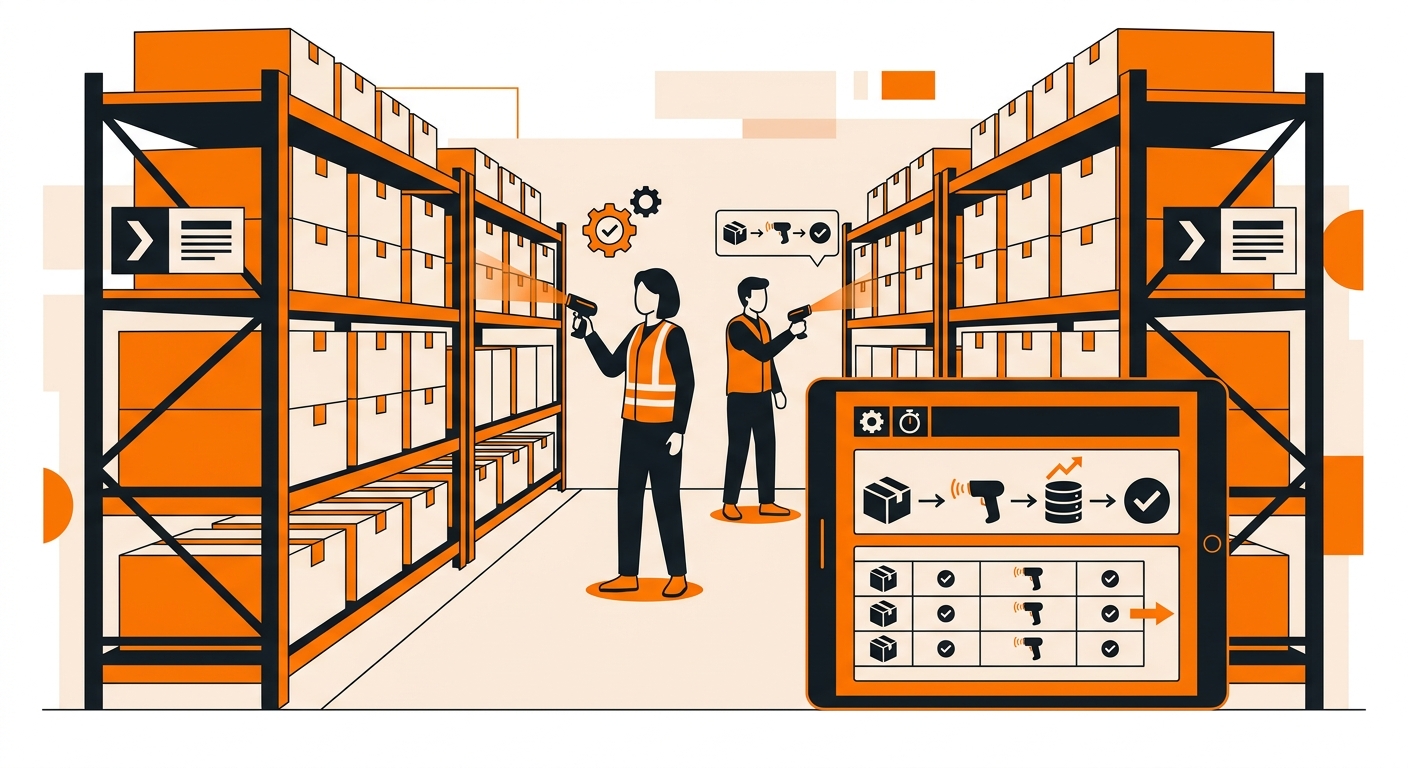 A clean warehouse aisle with neatly labeled shelves, staff using handheld barcode scanners to perform a cycle count, and a ta