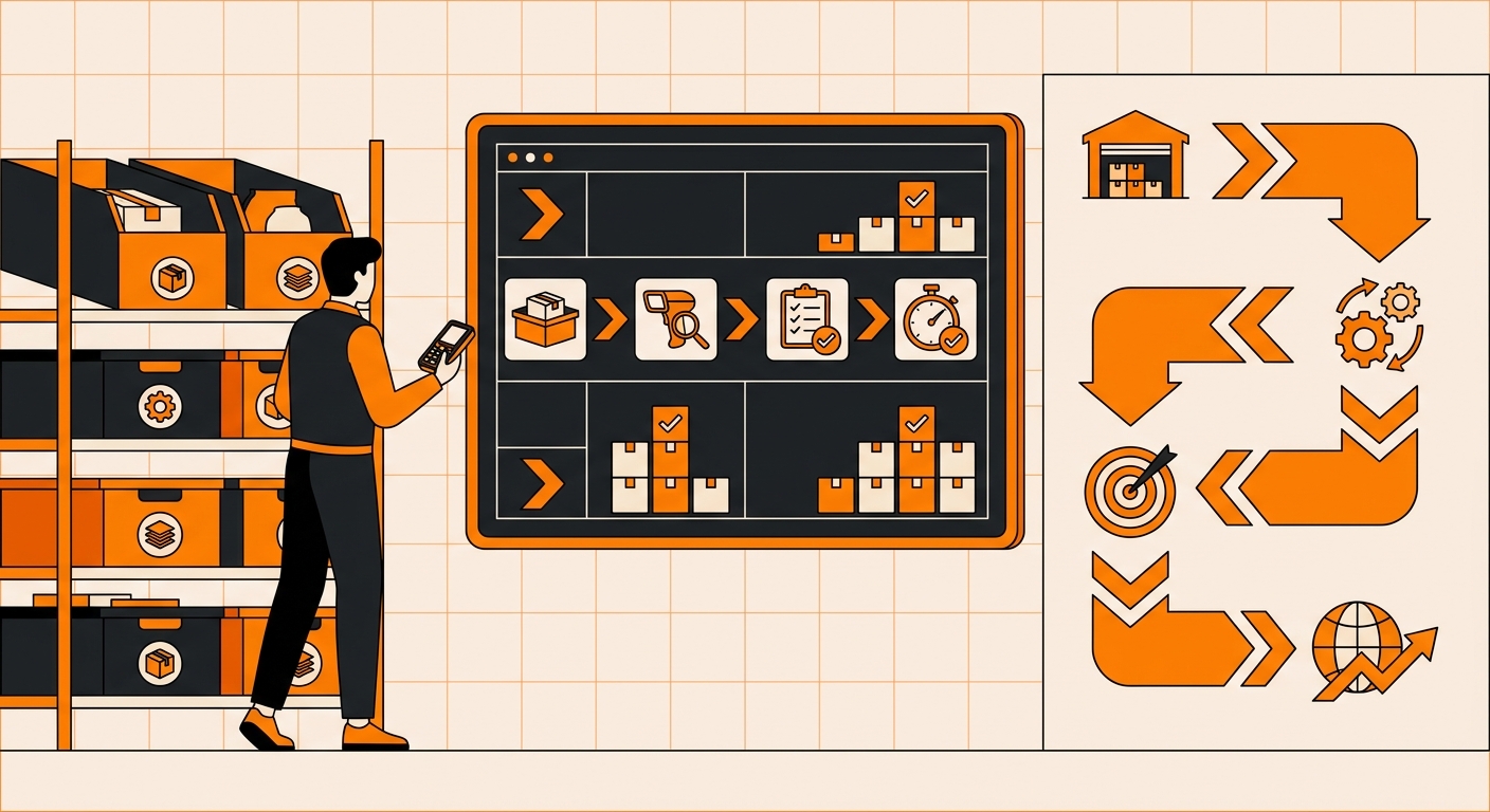 A modern fulfillment center workstation showing an employee comparing physical stock on bins with quantities listed on a digi