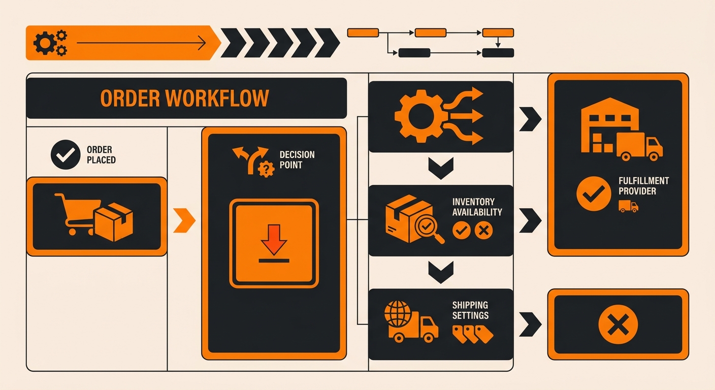 A clean dashboard-style illustration showing an eCommerce order workflow with one order highlighted at a decision point befor