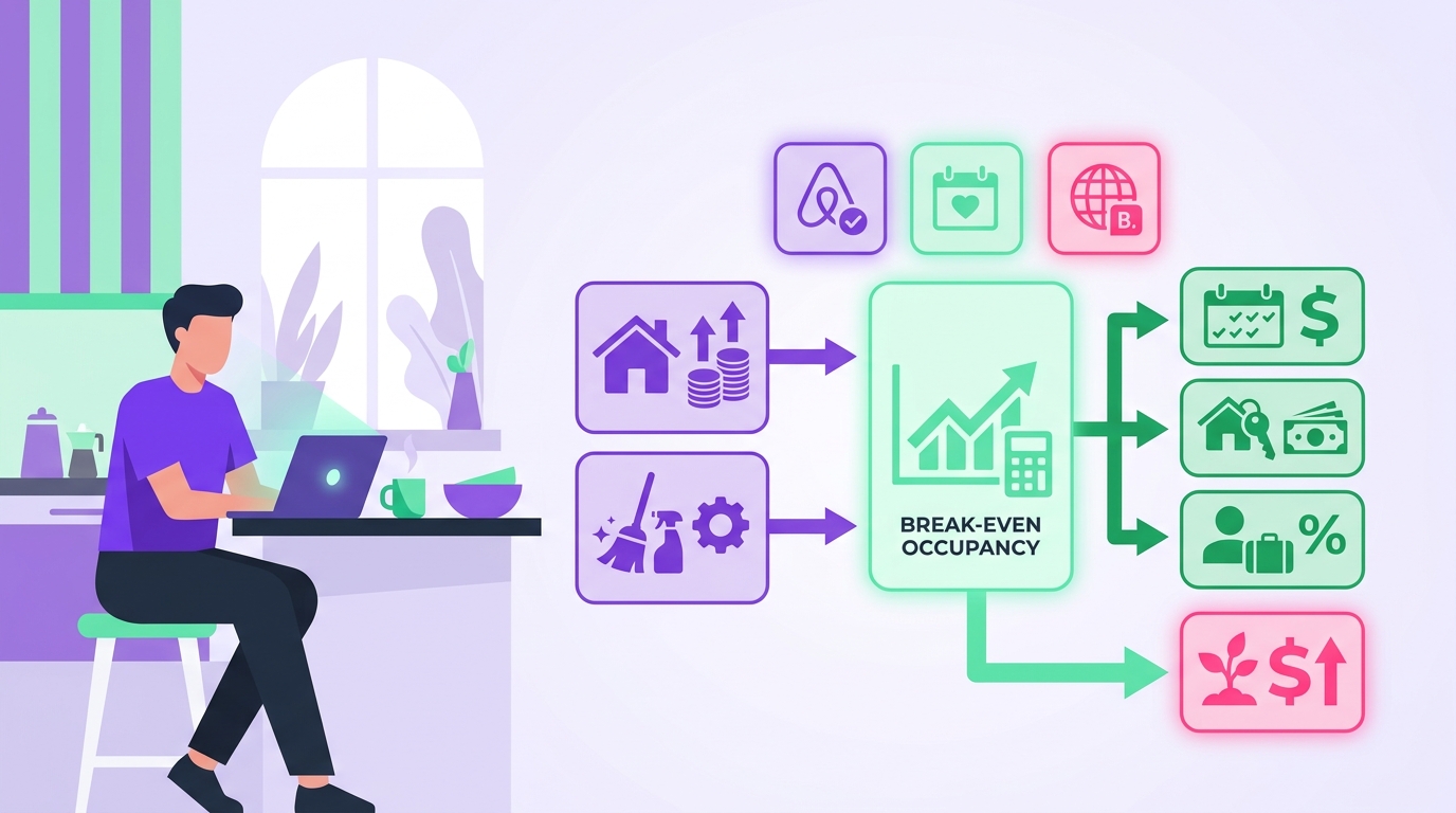 A short-term rental host sits at a laptop in a bright vacation home kitchen, reviewing a clean booking and expenses dashboard