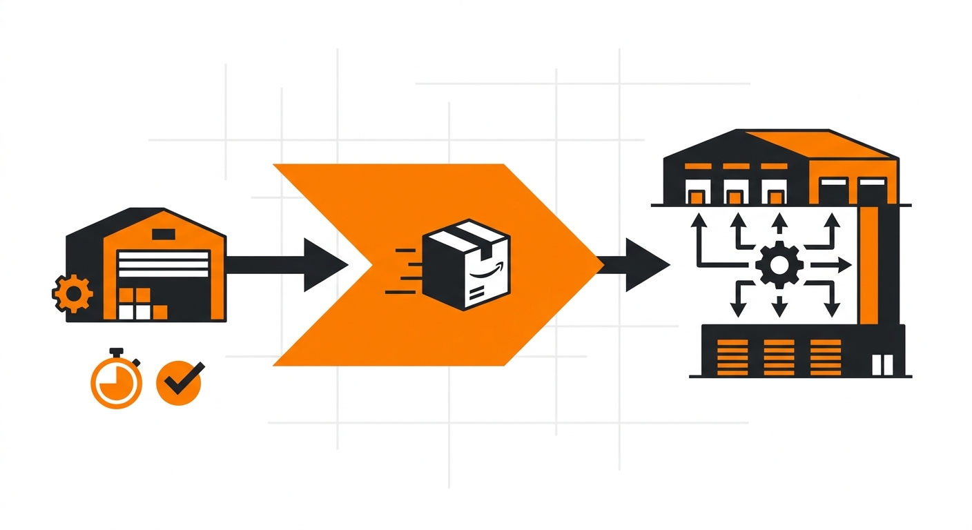 A modern supply chain infographic-style image featuring a package icon traveling from a seller or warehouse to a regional dis