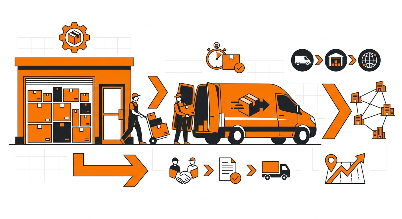 A courier collecting parcels from a small business storefront or fulfillment center, with neatly stacked boxes and a branded