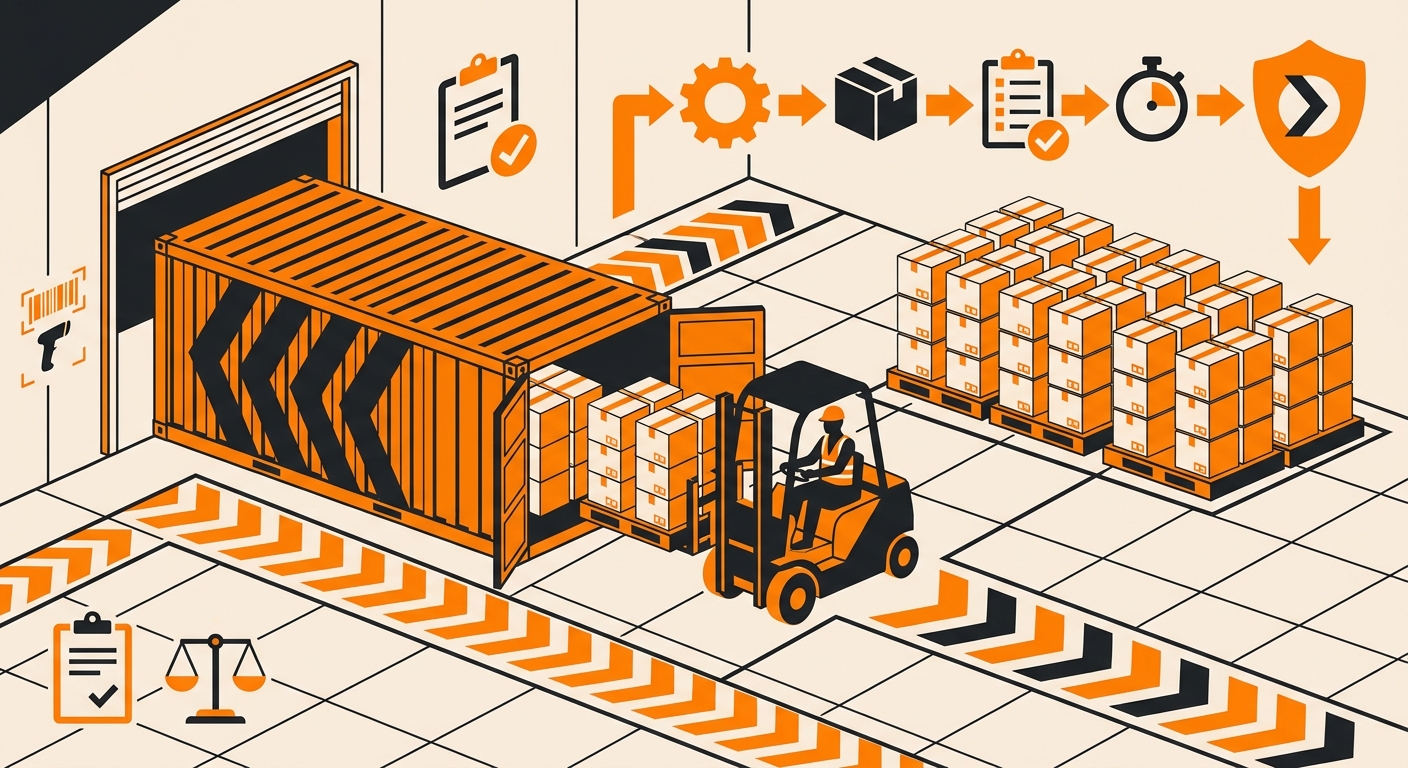 A cargo container positioned at a loading dock as warehouse personnel unload goods using a forklift, with clear safety markin