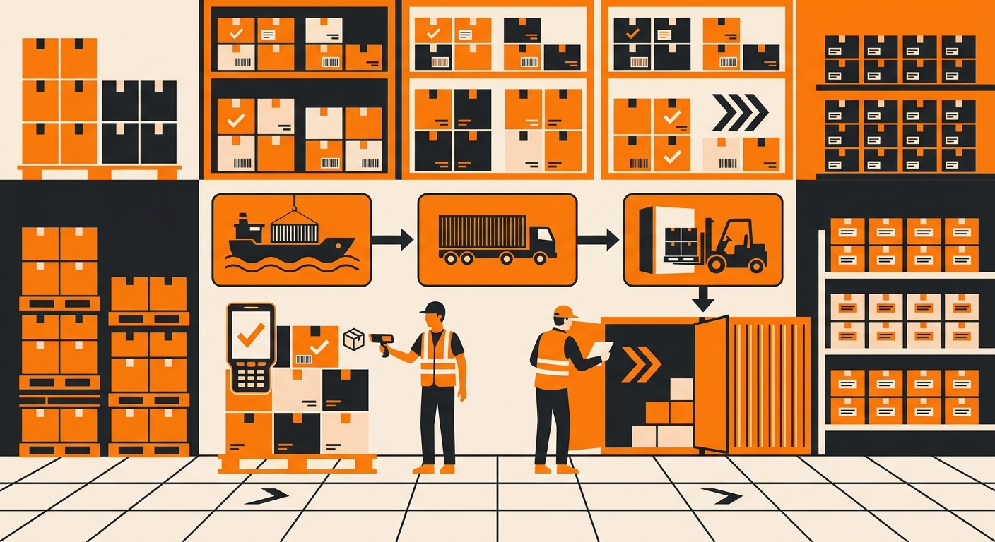 A professional warehouse receiving area where staff use handheld scanners to inspect and check in a newly arrived container s