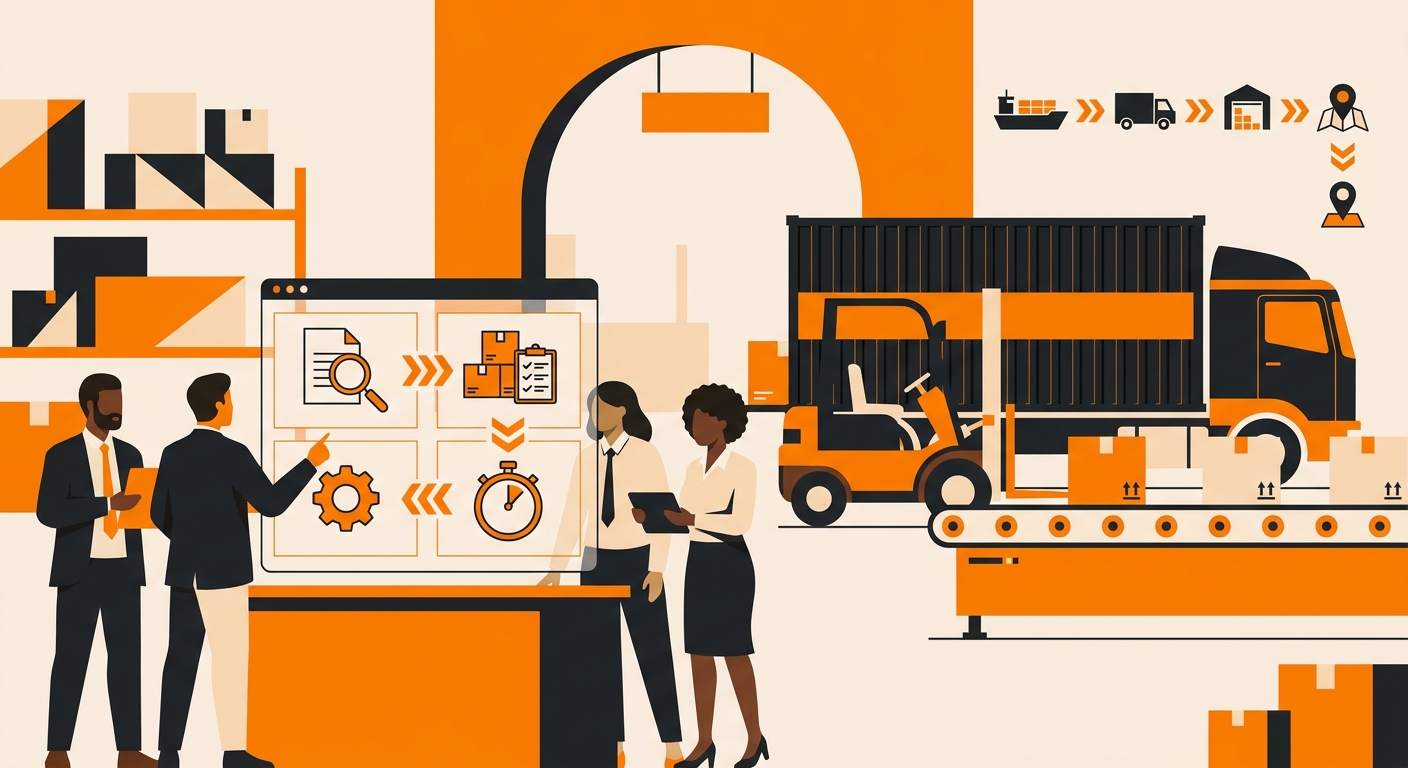 A polished logistics office and warehouse hybrid scene showing a team reviewing shipping documents and inventory data while a