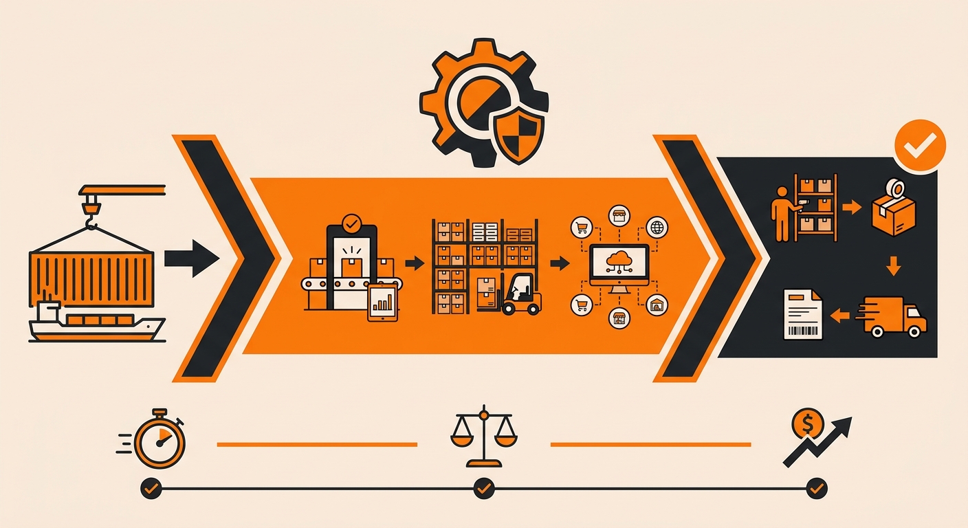 Step-by-step infographic showing the container receiving workflow at a 3PL warehouse: ASN submission, dock appointment, container offload and carton scanning, quality inspection and exception capture, WMS putaway, and live inventory update syncing to the OMS