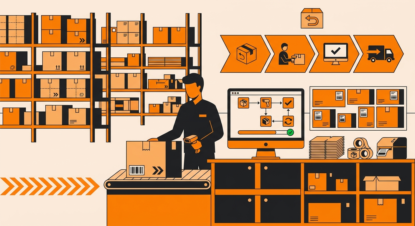 A clean warehouse returns station where a staff member scans a returned package and verifies the item on a computer screen, w
