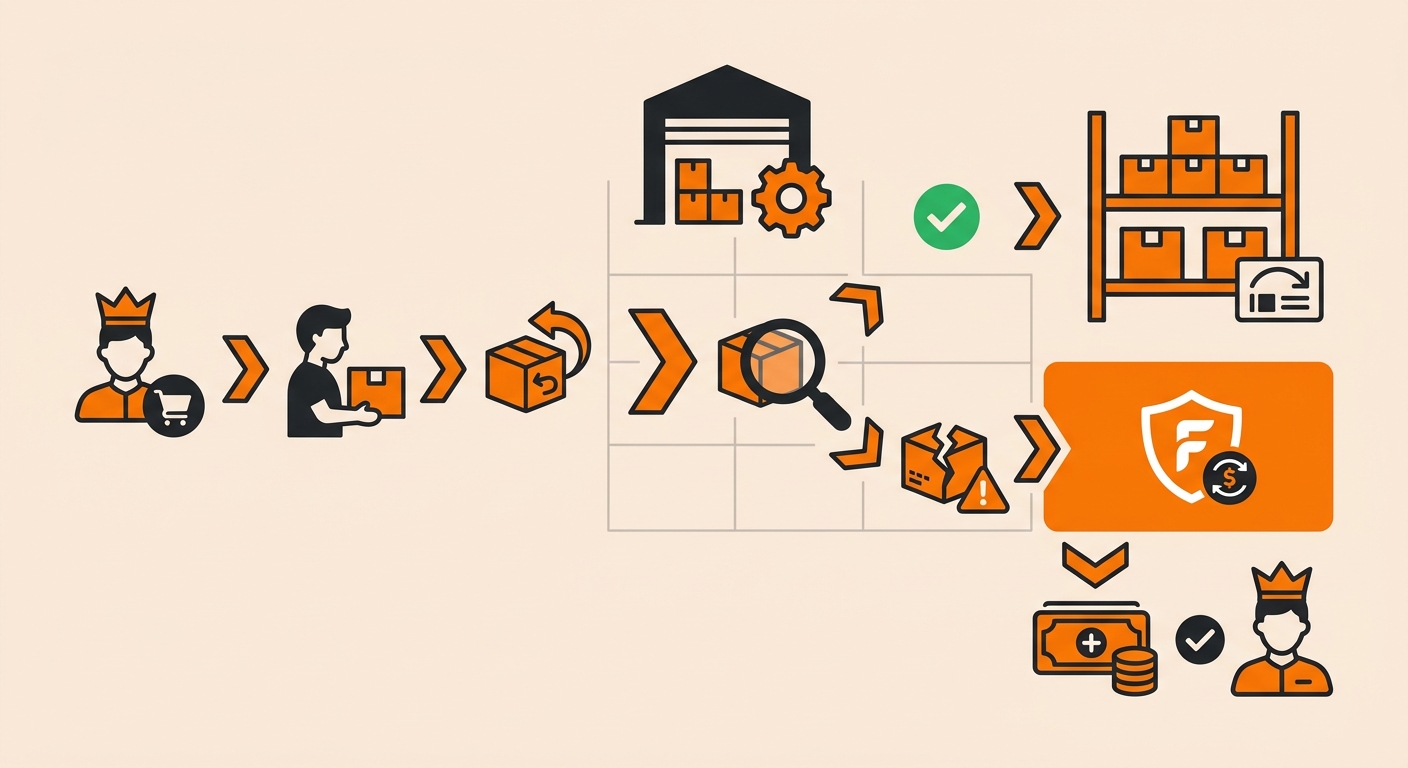 Flowchart showing the reverse logistics path of a damaged return item from carrier intake through condition grading, disposition coding, and final routing to restock, quarantine, vendor return, or disposal in a 3PL warehouse