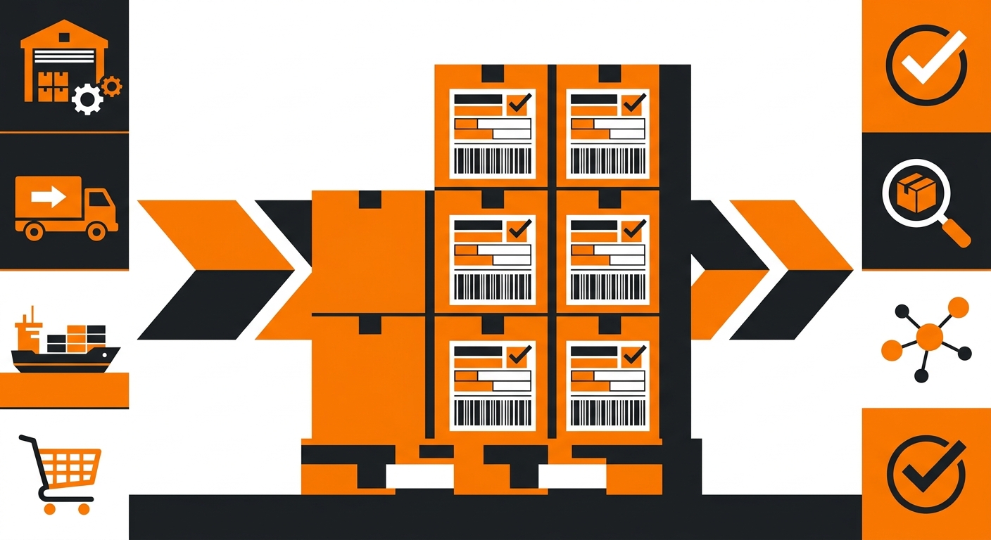 A modern supply chain illustration or photo showing multiple labeled cartons on a pallet, each featuring UCC 128 labels used