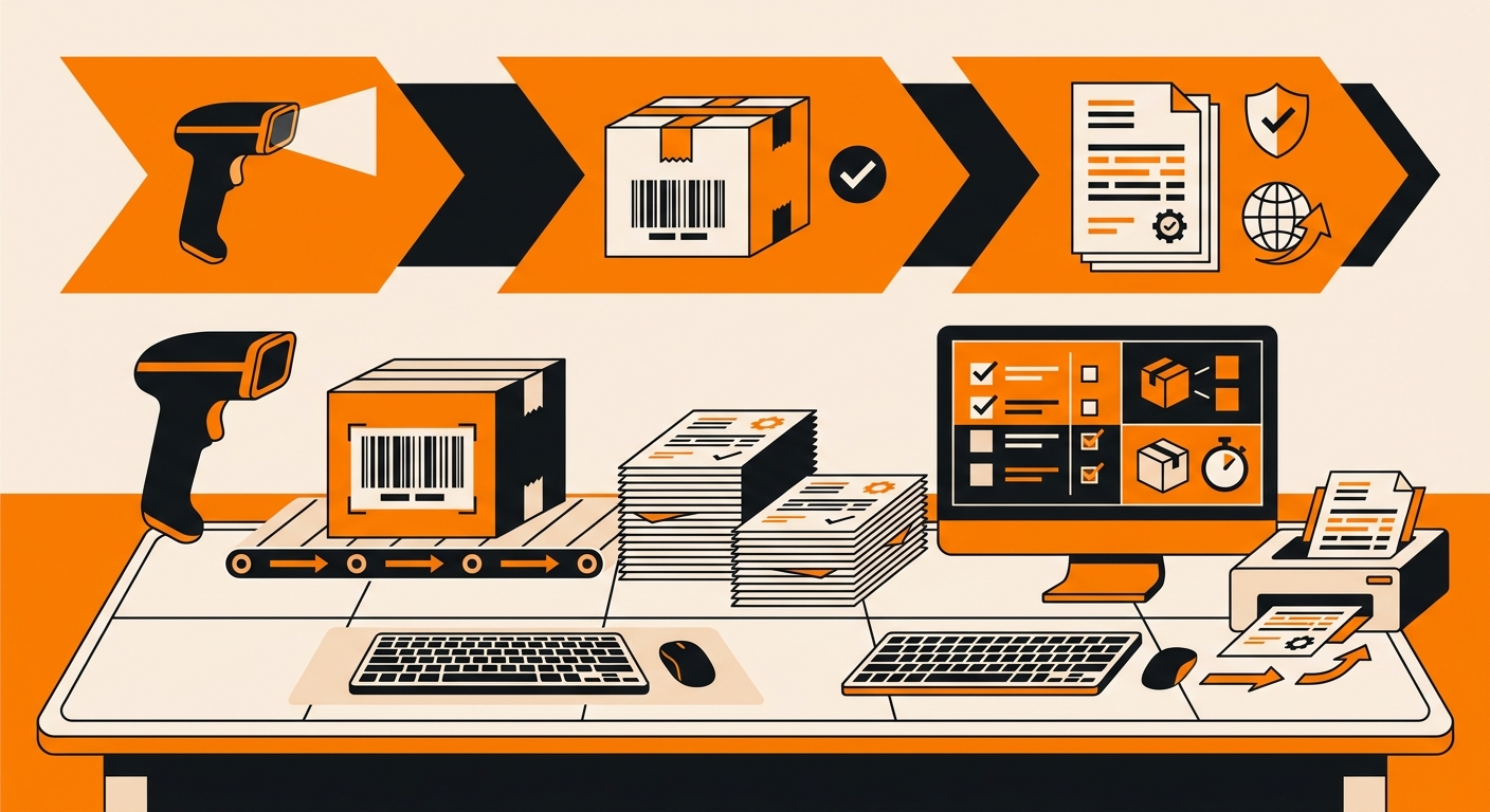 A modern fulfillment or distribution desk with printed shipping paperwork, a barcode scanner, and a package displaying a UCC
