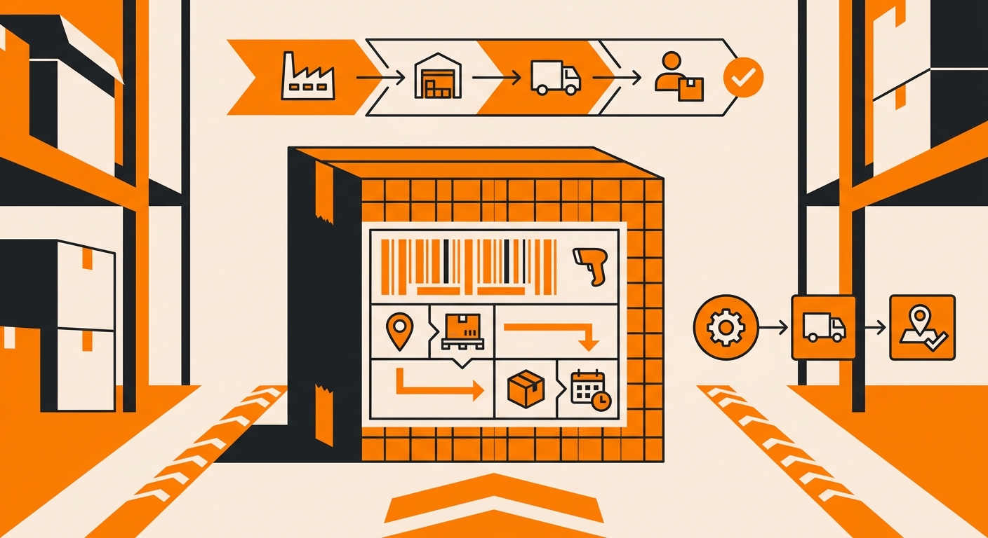 A clean warehouse shipping scene showing a corrugated box with a clearly printed UCC 128 label, including a GS1-128 barcode a