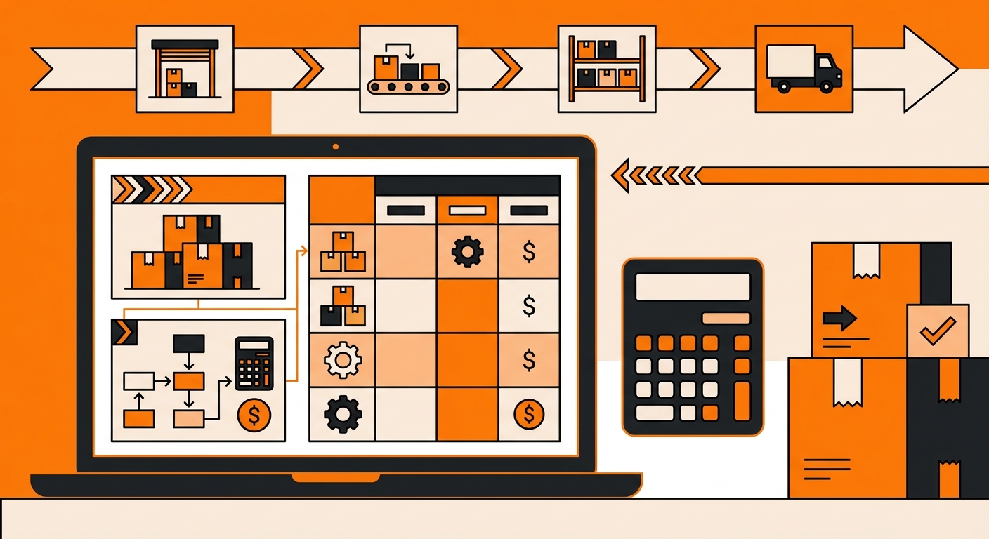 A clean workspace scene showing a laptop with a simple dashboard of shipping fees, invoices, and fulfillment cost breakdowns,