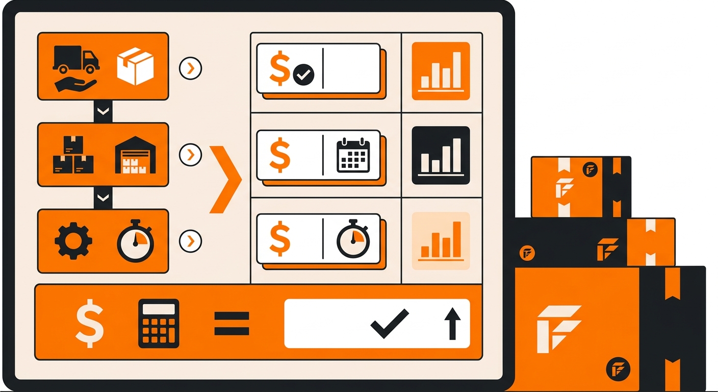 A close-up of a financial summary screen displaying line items for receiving, storage, and handling fees next to branded ship