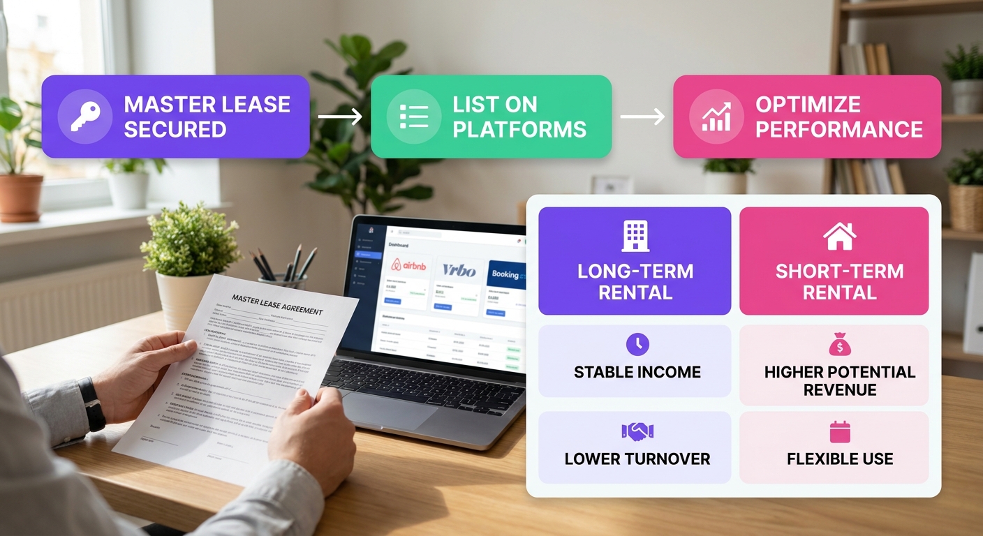 A modern home-office setup shows a property owner comparing a master lease document with performance dashboards for their sho