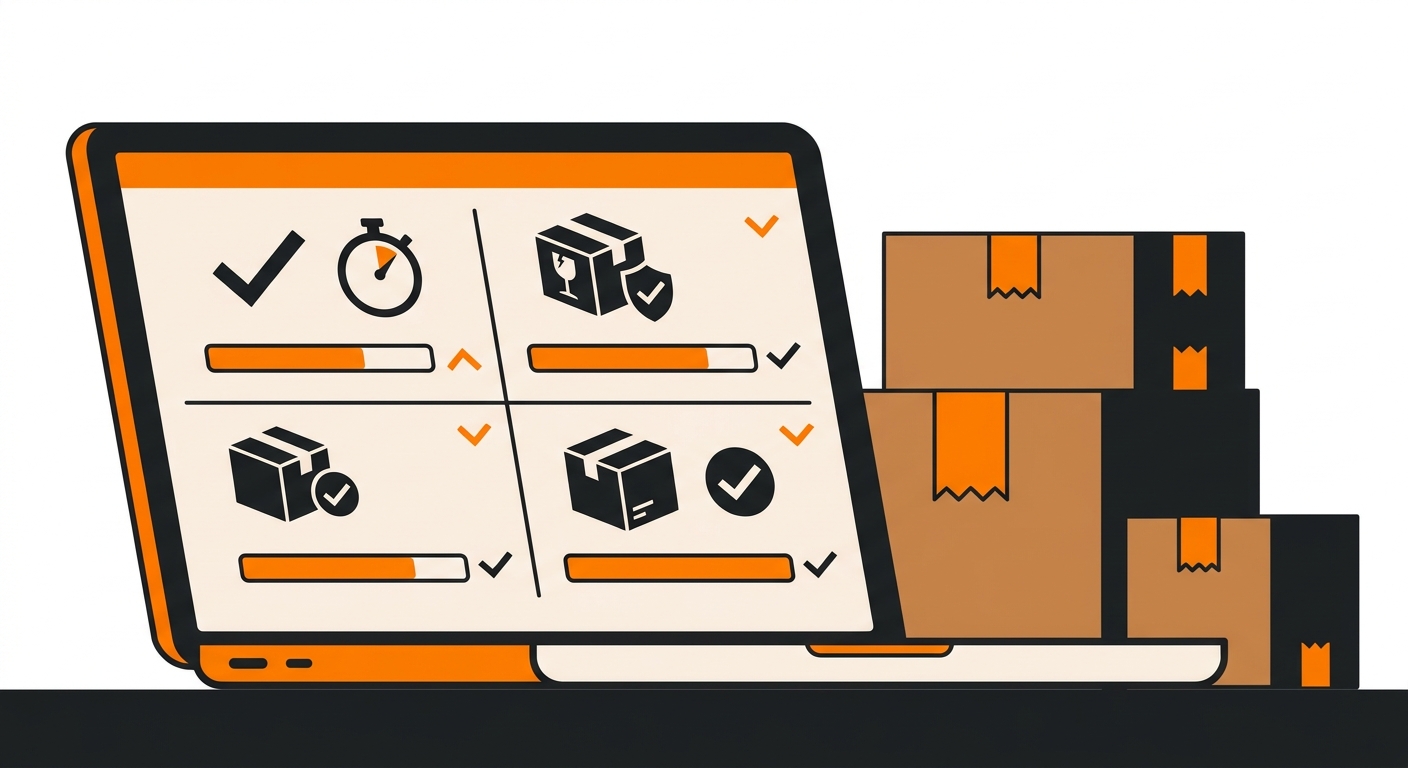 A clean warehouse operations dashboard displayed on a laptop beside neatly stacked shipping boxes, showing key fulfillment me