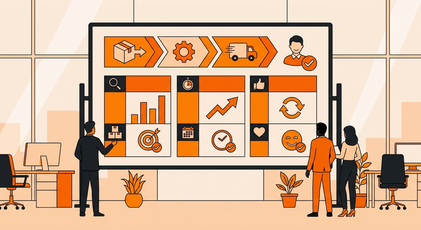 A logistics team reviewing fulfillment performance charts in a bright office, with a large screen highlighting order accuracy