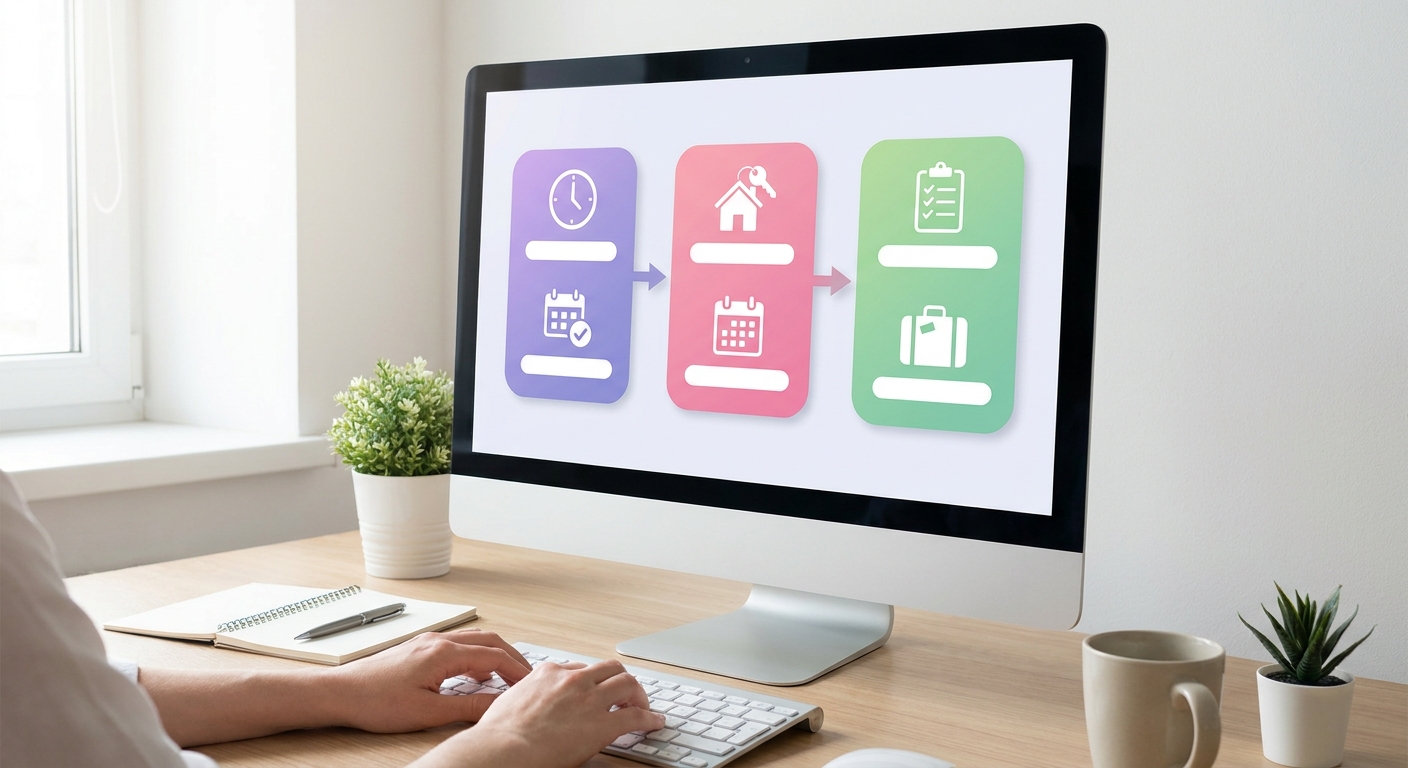 A clean workspace shows a property owner managing a vacation rental listing dashboard with booking lead-time and same-day boo