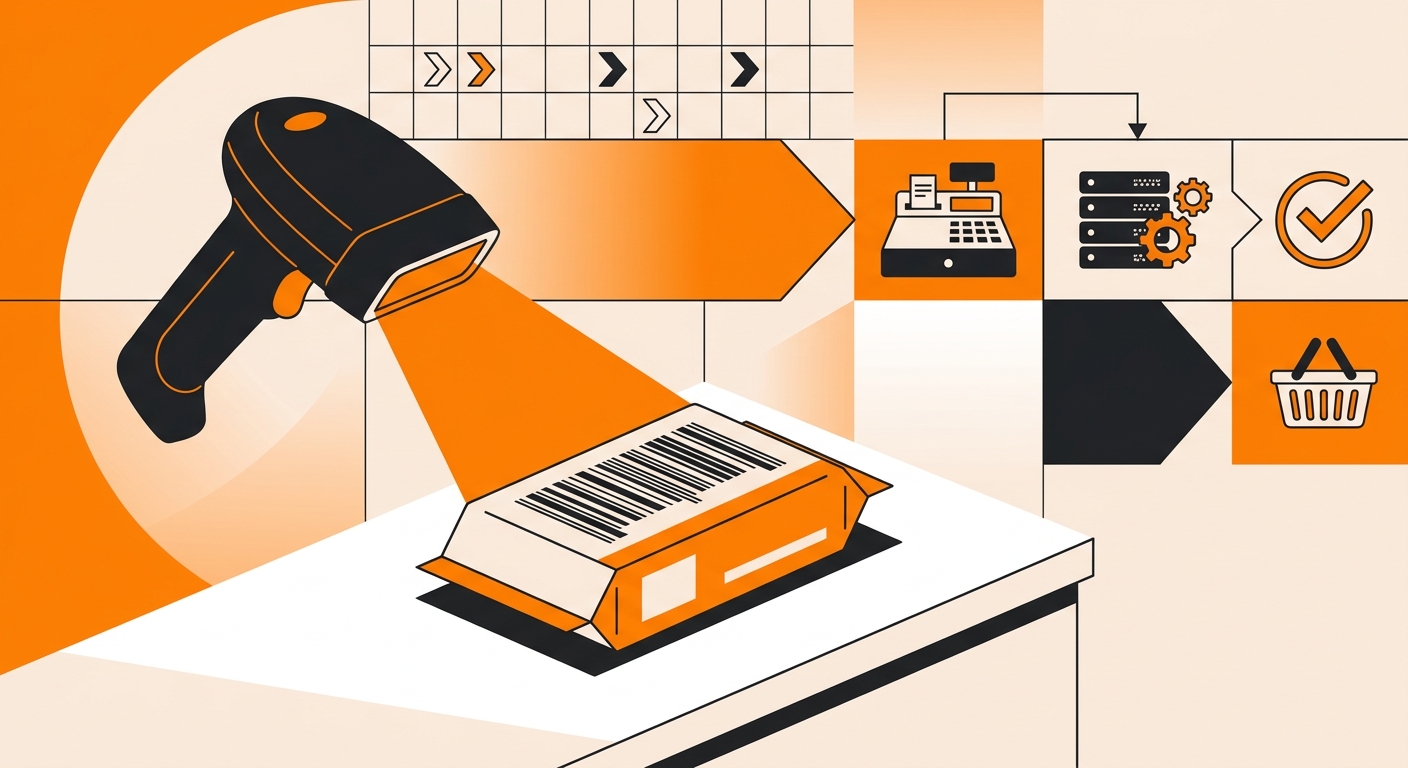 A minimal retail checkout scene showing a handheld barcode scanner reading an EAN barcode on a packaged item, with soft light